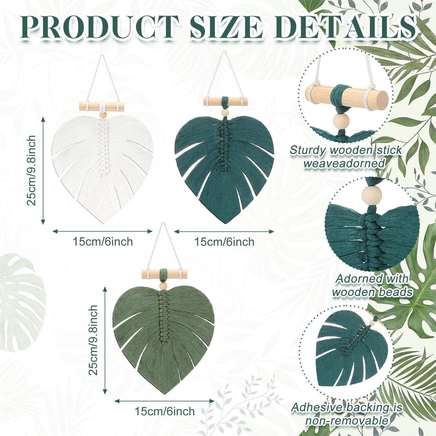 Hoteam 3 Pcs Monstera Leaves Macrame Wall Hanging Handmade Bohemian Sage Green Large Leaf Woven Wall Tapestry Wooden Bead Hanging Ornament for Nursery Bedroom Living Room Apartment Home Backdrop