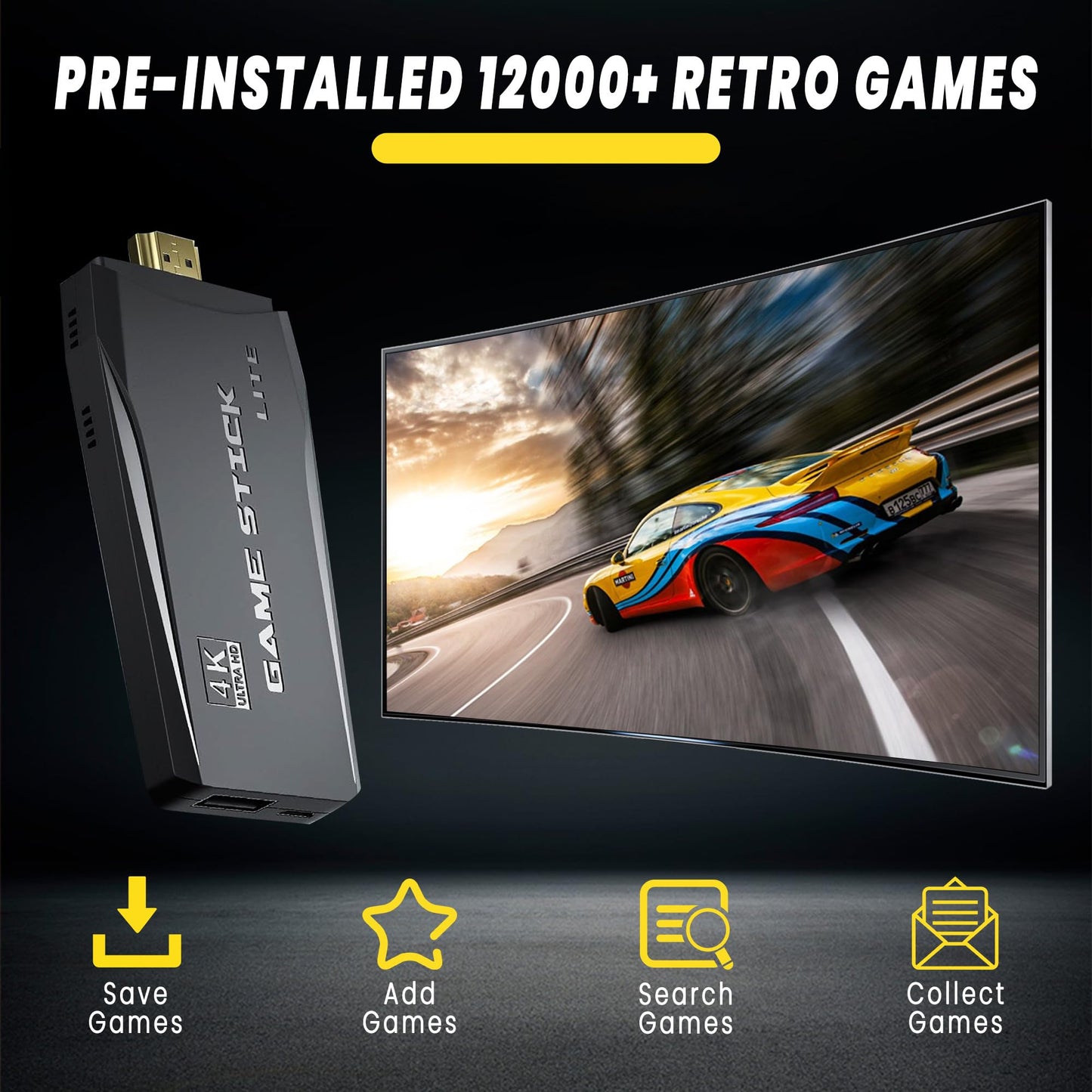 2025 New Upgrade Retro Gaming Console - Retro Gaming Stick,Retro Game Console Built-in 20000+ Games&9 Classic Emulators,4K HDMI Output,Plug and Play Game Stick with 2 Controllers(64G)