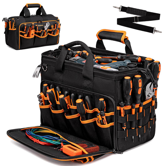 17-Inch Electrician Tool Bags for Men, 46-Pocket Heavy Duty Tool Bag, Foldable Hvac Tool Bag Organizer with Wide Mouth & Adjustable Shoulder Strap for Electricians Mechanics Craftsman Contractor