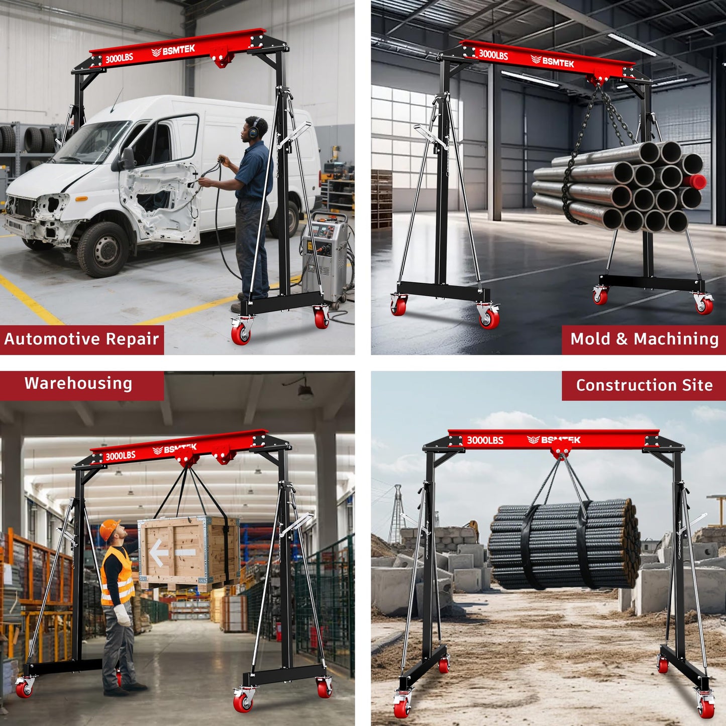 BSMTEK 1.5 Ton Gantry Crane Capacity, 3000LBS Adjustable Height (8.53-12.47 FT) & Width (6.56 FT), Steel I-Beam Construction, Portable Shop Hoist for Factories, Warehouses, Red-2026 Upgraded