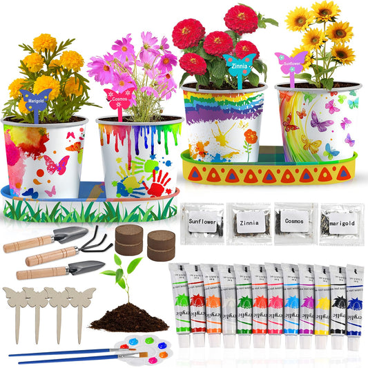 4 Pcs Kids Plant Growing Kit | Kids Gardening Set Crafts for Girls 8-12 | Kid Crafts Ages 4-8, Flower Making Art Kit for Kid 6-9, Plant Growing Set with 4 Zinc Pots, 12 Colors 9ml Paints Girl Gift
