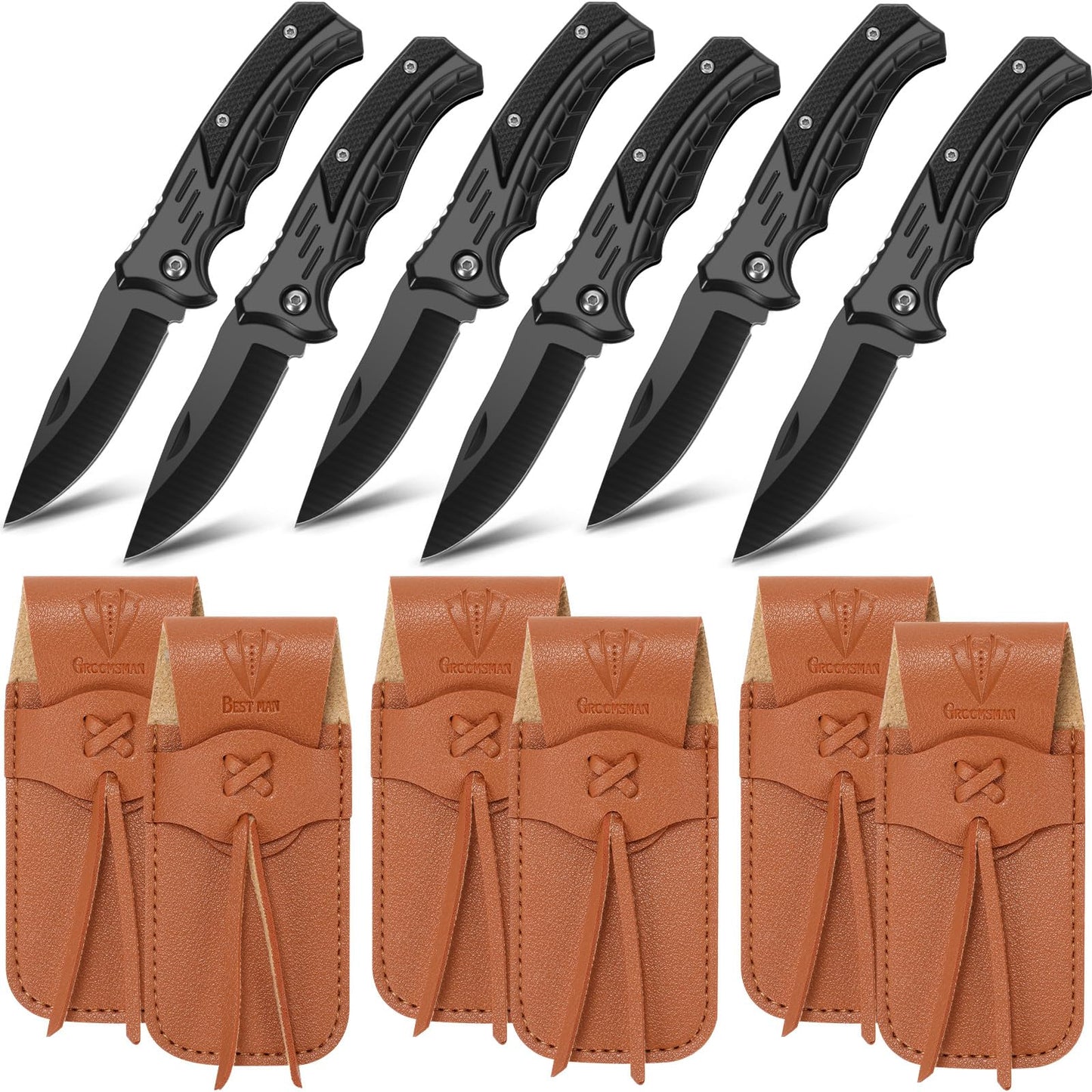 Abbylike 6 Set Groomsmen Gifts Personalized Groomsmen Pocket Knife with Leather Sheaths Mini Folding Knives Proposal Gifts for Wedding Party Favors(Classic,Black)