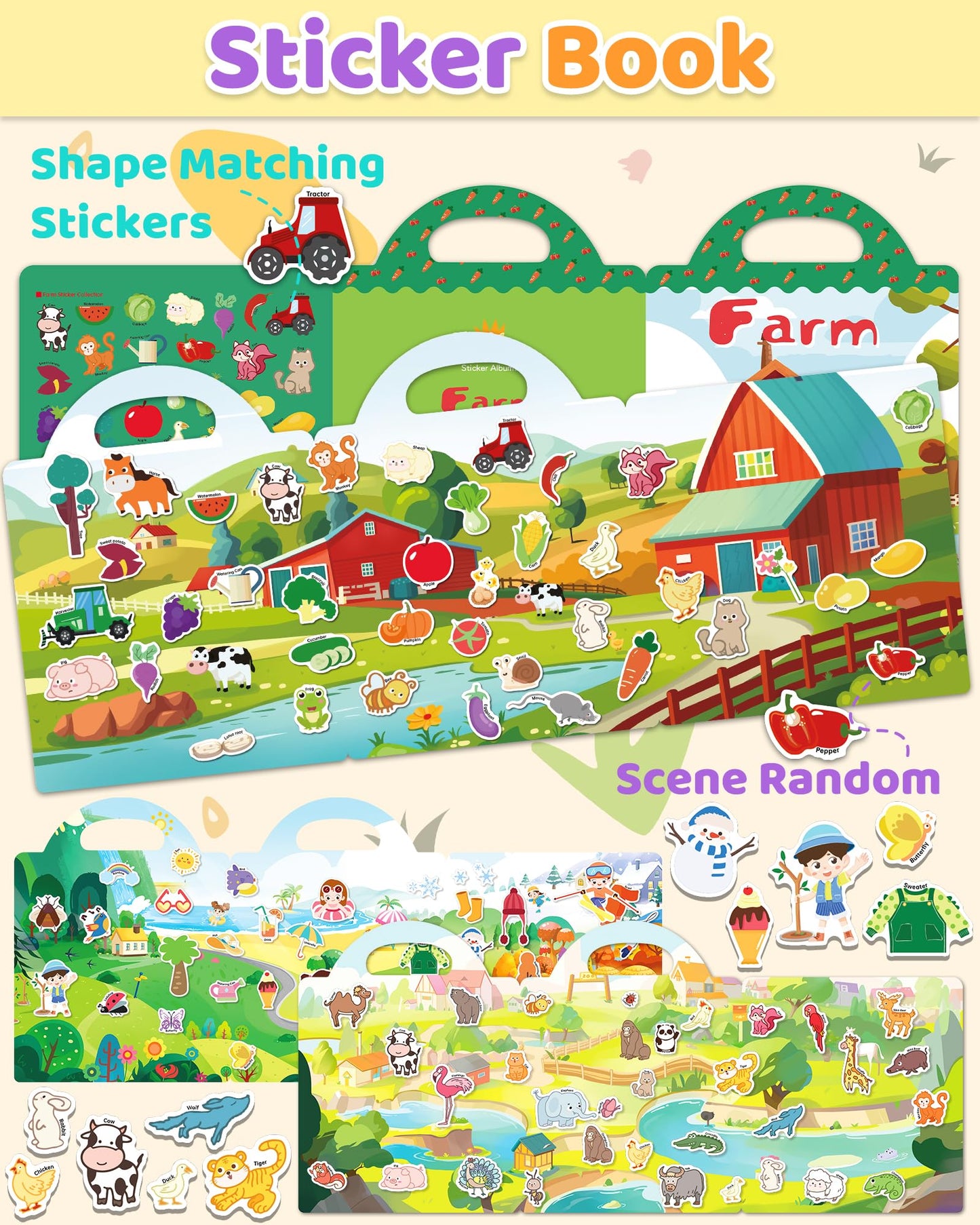 Benresive Reusable Sticker Book for Toddlers, Stickers for Kids, Travel Toys for Arts & Crafts Activities, Birthday Gift for Boys & Girls, Farm, Animal and Season Themes