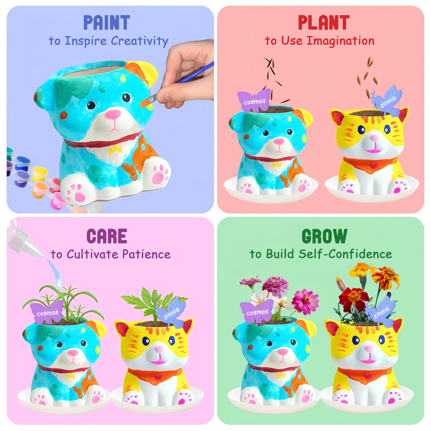 yasest Paint & Plant Flower Growing Kit for Kids - 4 Set DIY Animal Pattern Ceramic Painting Kit, Kids Gardening Set, Arts & Crafts for Ages 8-12, Birthday Gifts for 5 6 7 8 9 10 11 12 Year Old Girl