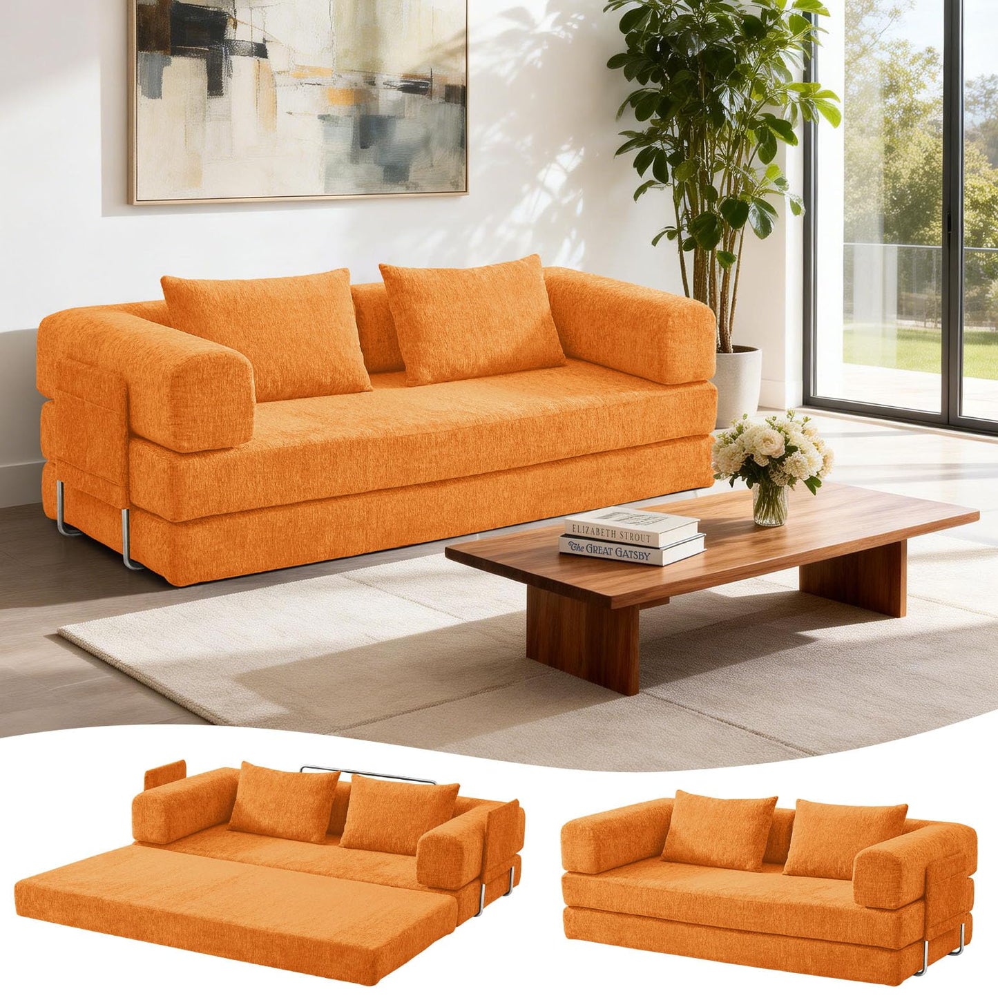 KozyNutria 81" Convertible Sofa Bed with Storage Pockets, 5-in-1 High Density Foam Boneless Couch, Corduroy Folding Futon Sleeper Sofa for Living Room Bedroom Apartment, No Assembly Required, Orange