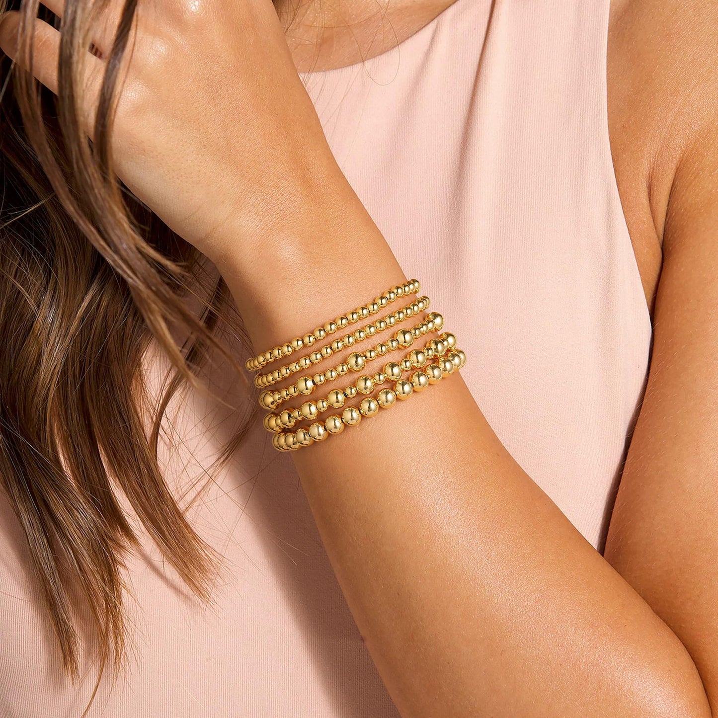 Yoosteel Gold Beaded Bracelets Set for Women - Easter Gifts 14k Gold Plated Dainty Round Beaded Cross Bracelet for Women Simplicity Stackable Jewelry Gifts（5 Pcs）