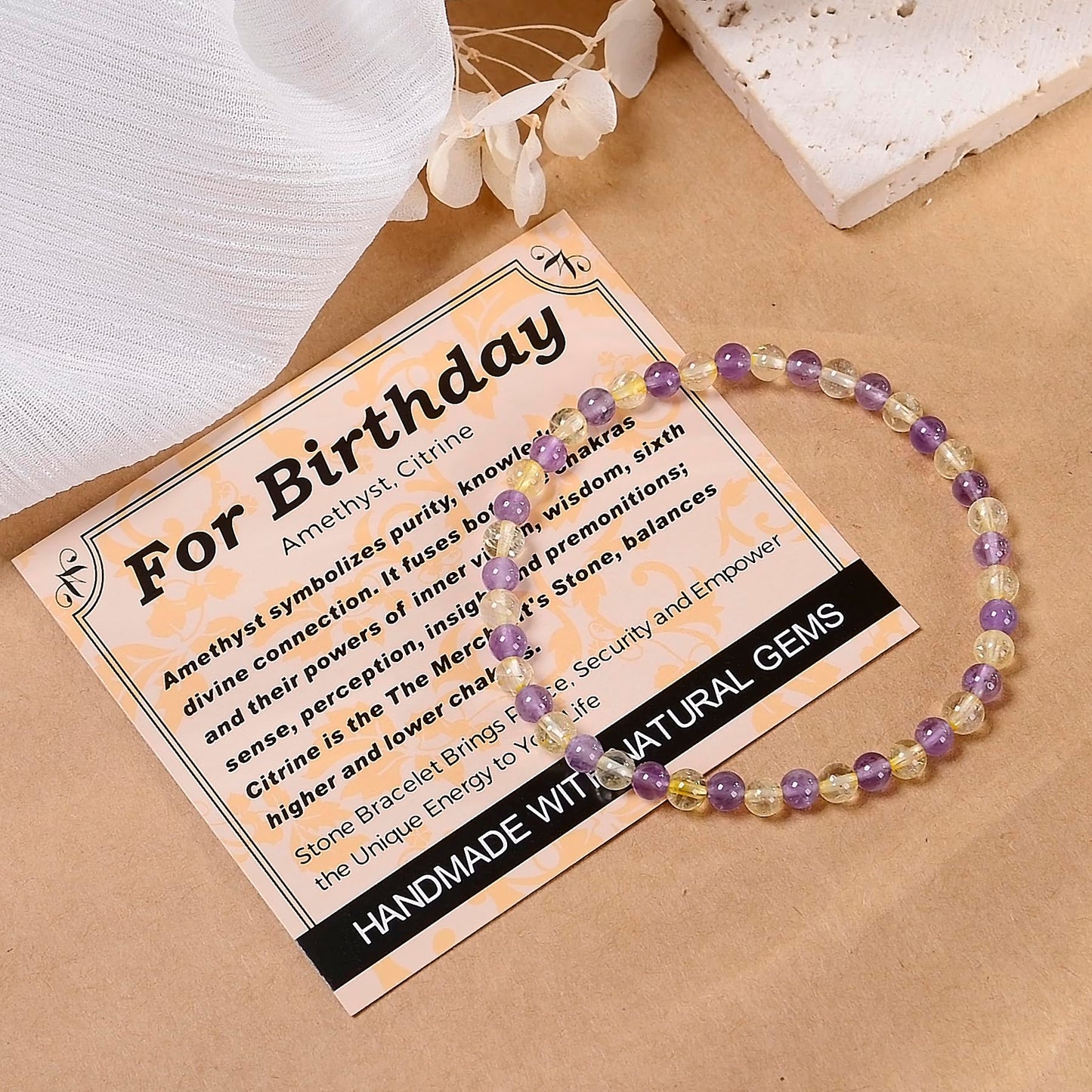 MASSIVE BEADS Amethyst Citrine - For Birthday Handmade Handmade Yoga Stretch Elastic Bracelet Natural Stone Crystal Healing Power Energy Gifts for Unisex Adult 4mm
