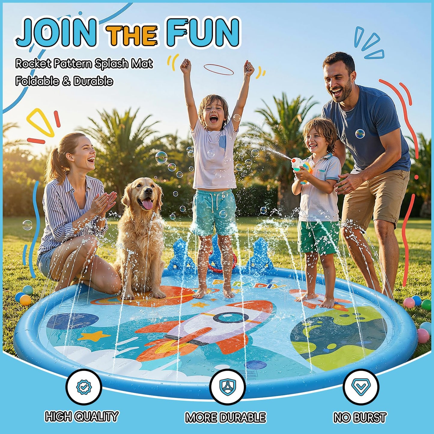 Peradix Toddler Splash Pad for Kids, 67" Sprinkler Mat with Ring Toss Game, Kids Summer Toys for Boys Girls & Family, Baby Splash Pad for Outside Backyard Garden Lawn Water Games, 6 Plastic Rings