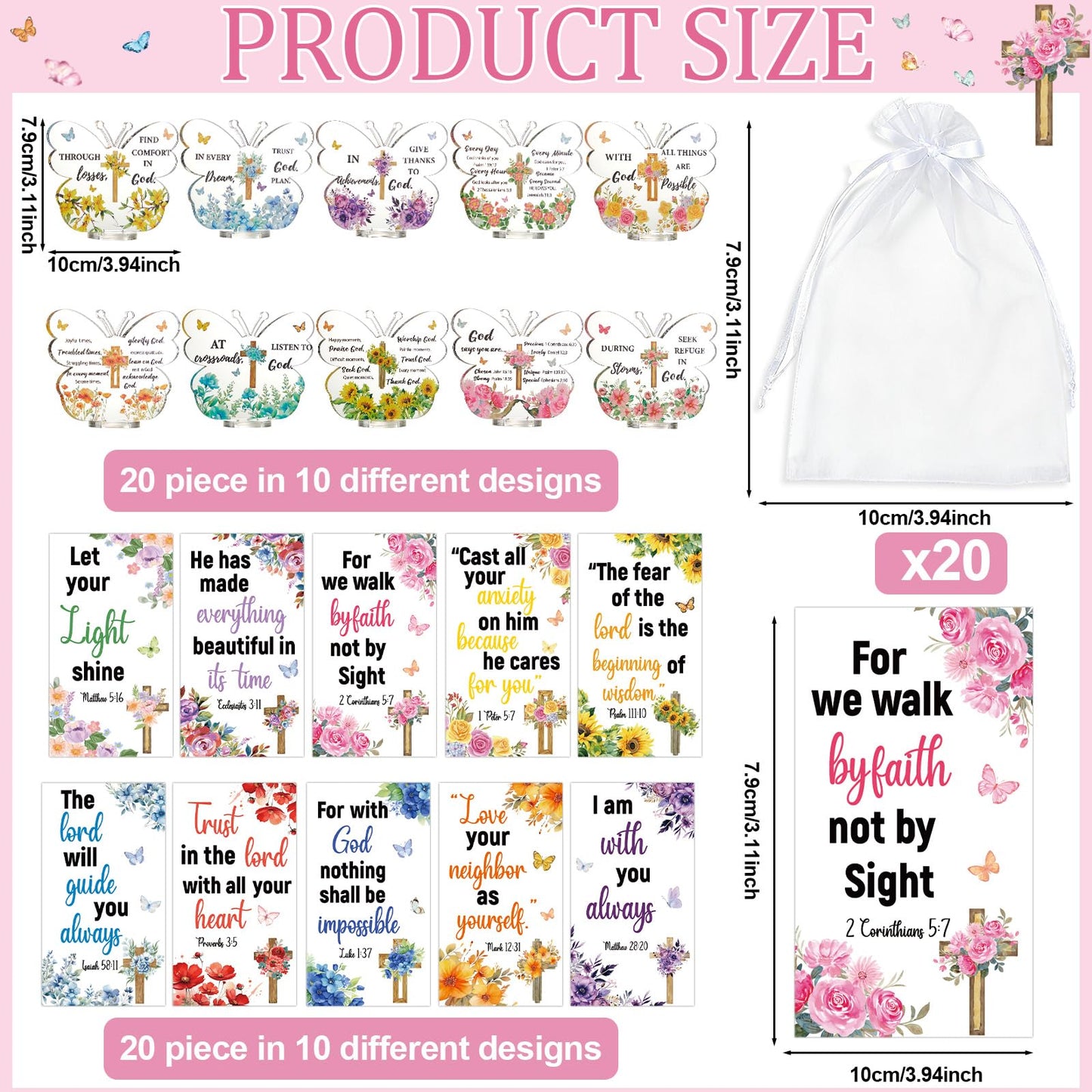 20 Sets Butterfly Acrylic Sign with Stand Christian Gifts Bulk Religious Bible Verse Desk Decor with Cards Organza Bags Inspirational Church Gift for Women Mother Girls Birthday Party Favor Faith Gift