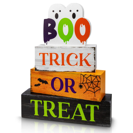 4 Pcs Halloween Wooden Tiered Tray Decor, Trick or Treat Decorations Gifts for Home, Halloween Table Centerpiece for Fall Party Kitchen