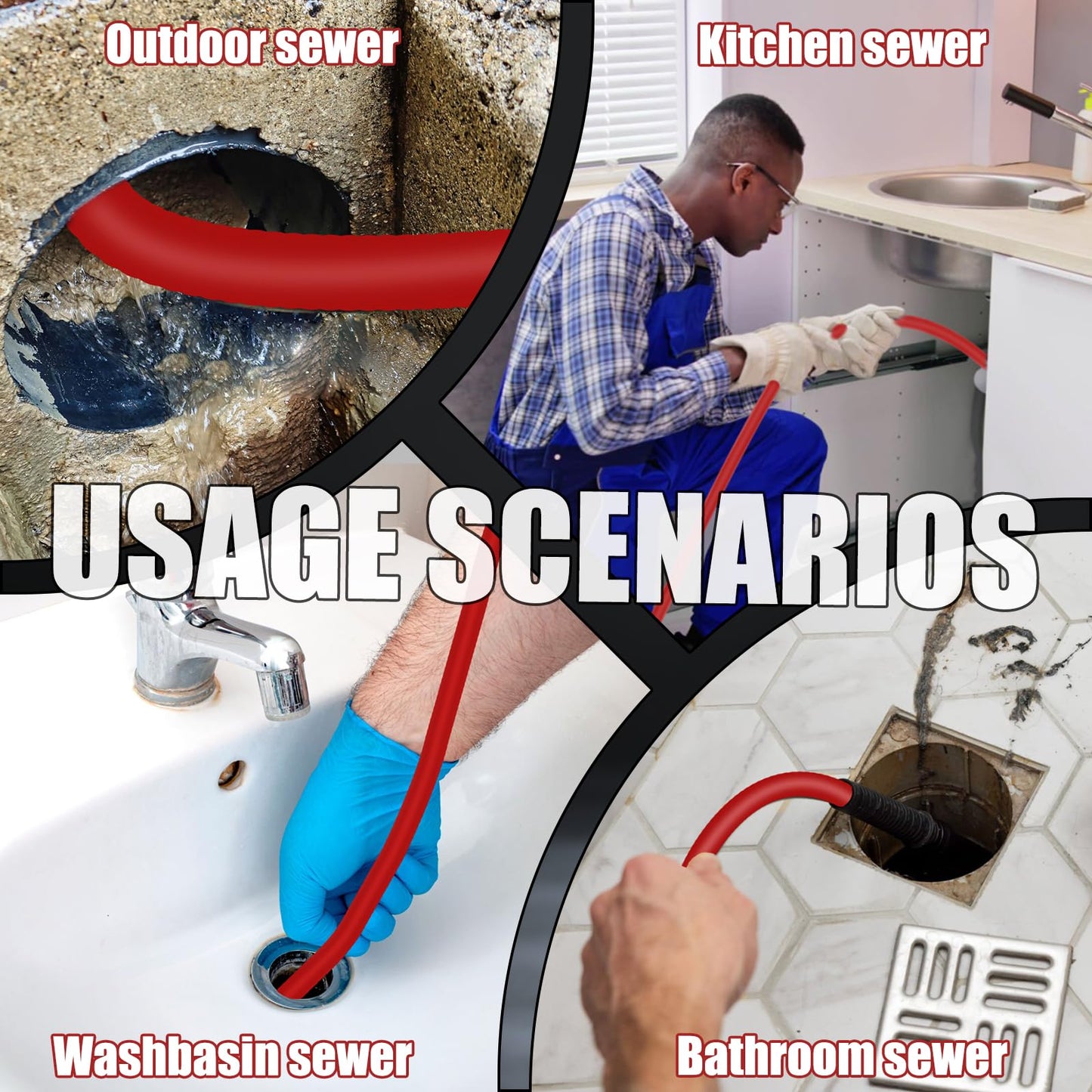 VIVIDWASH 50FT Sewer Jetter Kit for Pressure Washer 5800PSI,1/4" NPT Drain Jetter Hose with 1/4" Quick Plug，3 Sewer Jet Nozzles，Spanners Teflon Tape Gloves and Spray Nozzle for Cleaning