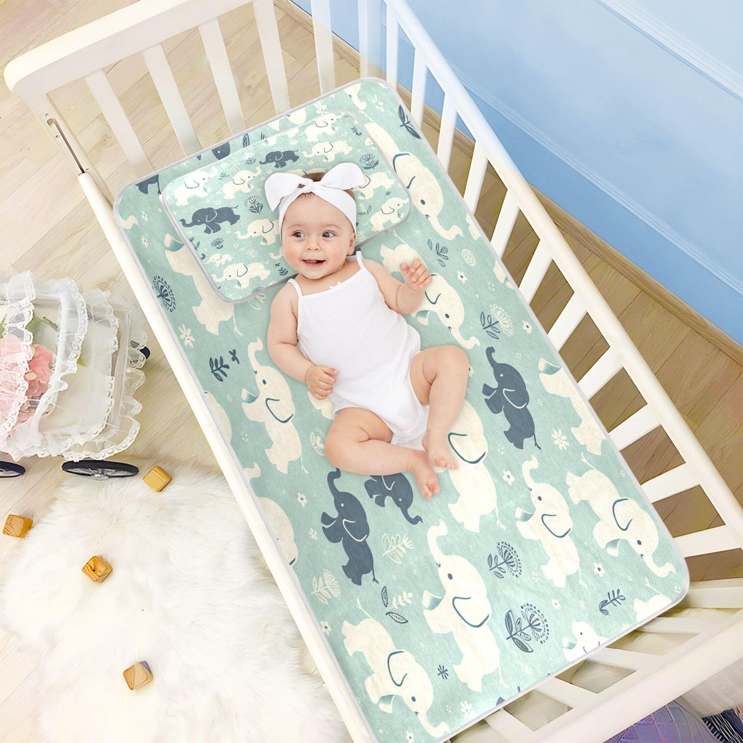 Burbuja Baby Cooling Mat Baby Elephant Bed Pad Ice Silk Cool Mat for Crib Mattress, Sleeping Pad with Pillowcase for Girl Boy, 28x52 in