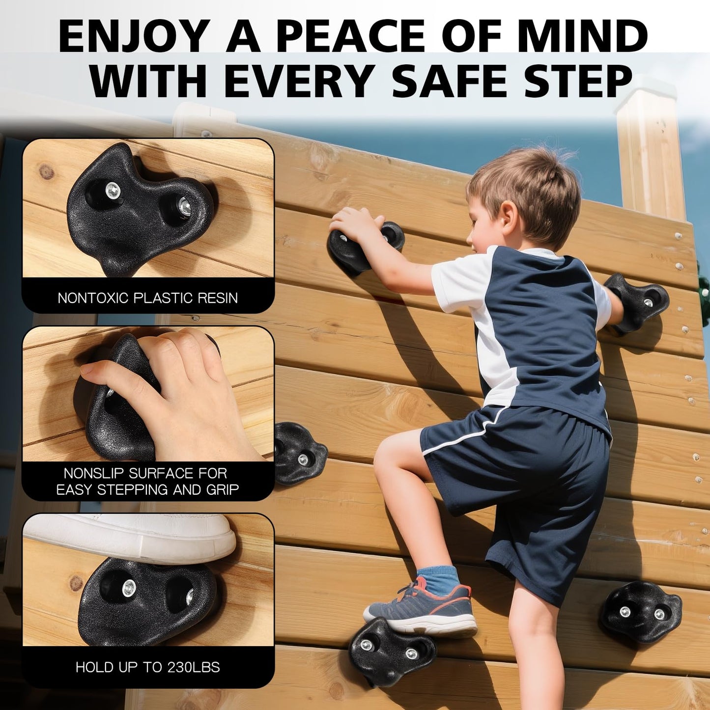 TOPNEW 24PCS Climbing Holds for Kids,Large Adult Rock Wall Holds with 4 Handles for Play Set, Rock Wall Climbing Kit with Mounting Hardware for Indoor and Outdoor Climbing - Black