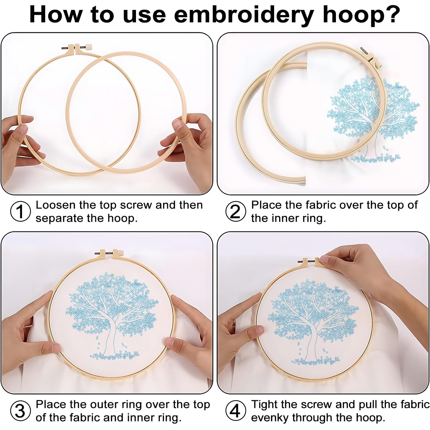 Sivilife Embroidery Starter Kit for Beginners, 4 Sets Stamped Cross Stitch Kits for Adult, Seasonal Tree Pattern Hand DIY Kits with 2 Embroidery Hoop Instructions Color Threads Needles and Scissor
