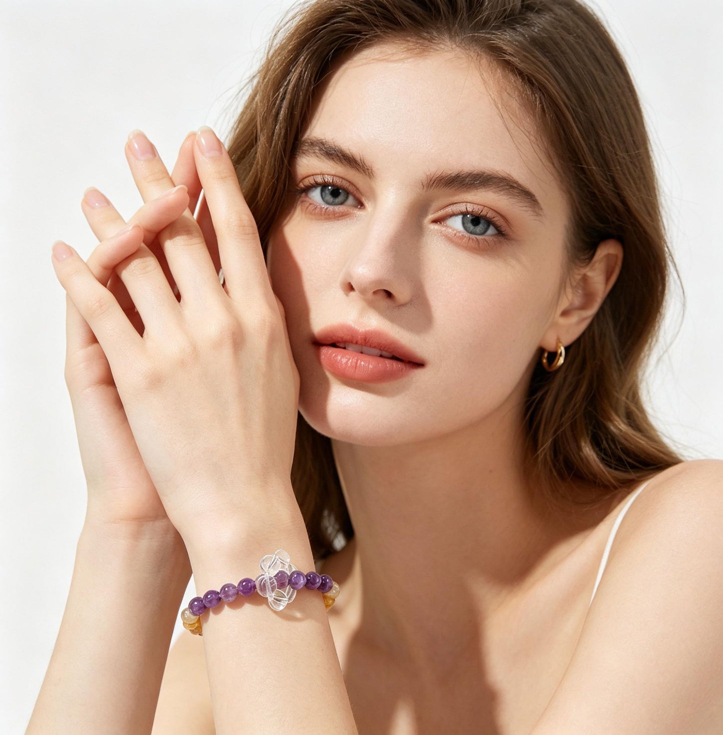 Blessed Unisex Triple Crystal Healing Stretch Bracelet, Amethyst, Citrine, and White Quartz Combination Bracelet, Positive Energy Gemstone Jewelry for Wealth