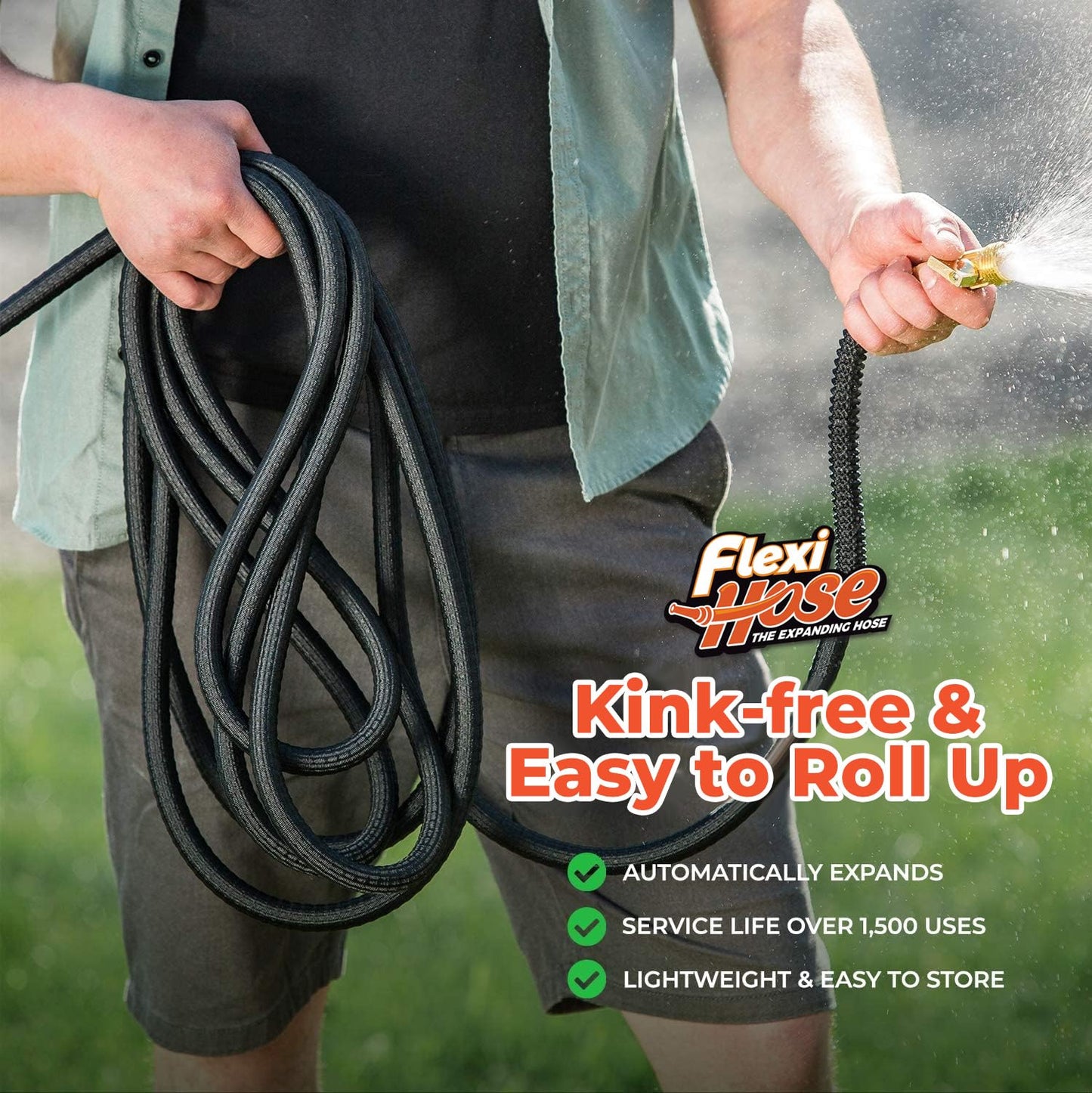Flexi Hose Lightweight Expandable Garden Hose, 100FT -Retractable Garden Hose, Water Hose - No-Kink Flexibility, 3/4 Inch Solid Brass Fittings and Double Latex Core