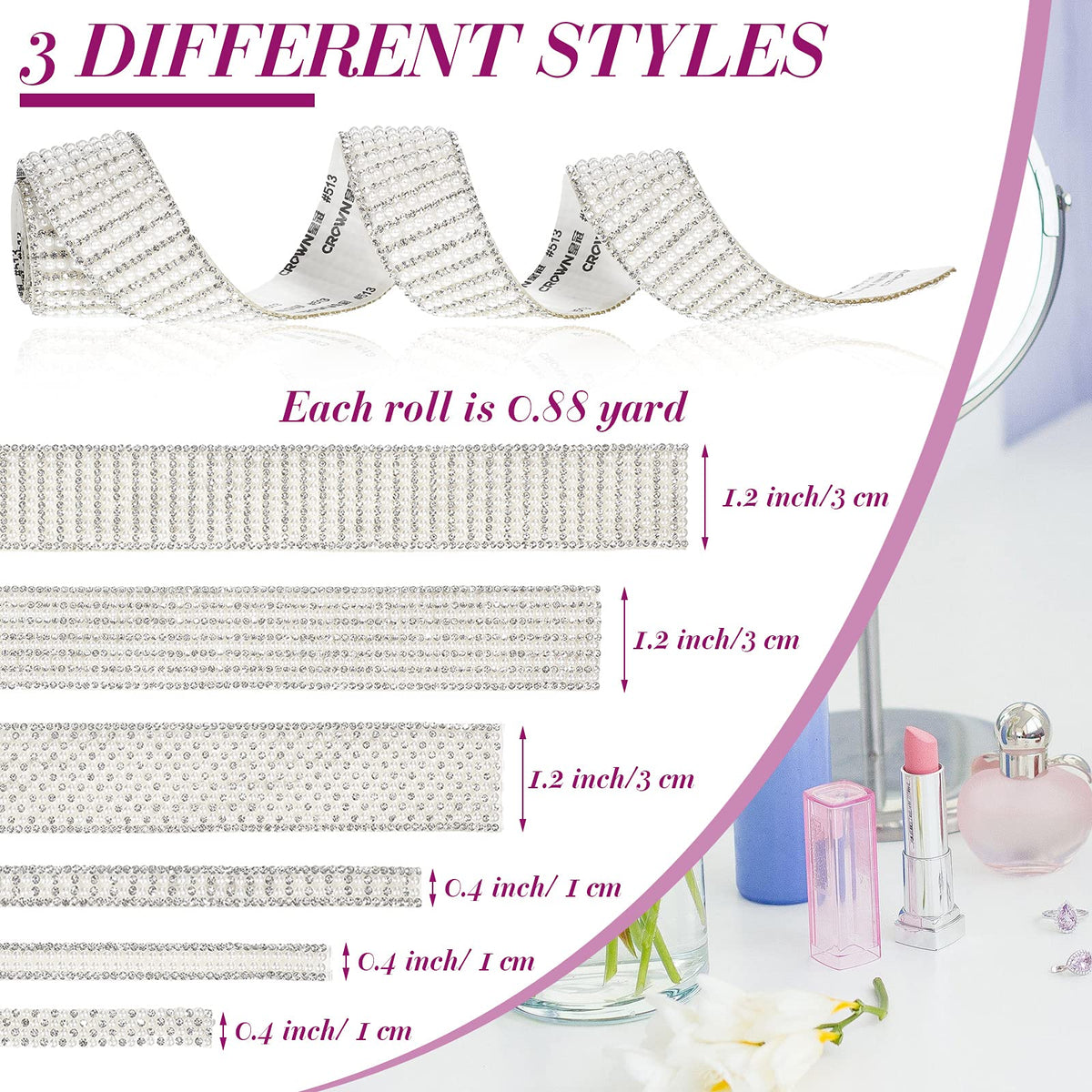 WILLBOND Pearl Rhinestone Strips 6 Rolls 5. 28 Yards Pearl Diamond Ribbon Rhinestones White Self Adhesive Faux Crystal Stickers for Wedding Birthday Party Art Crafts Car Phone Shoes Decors(Silver)