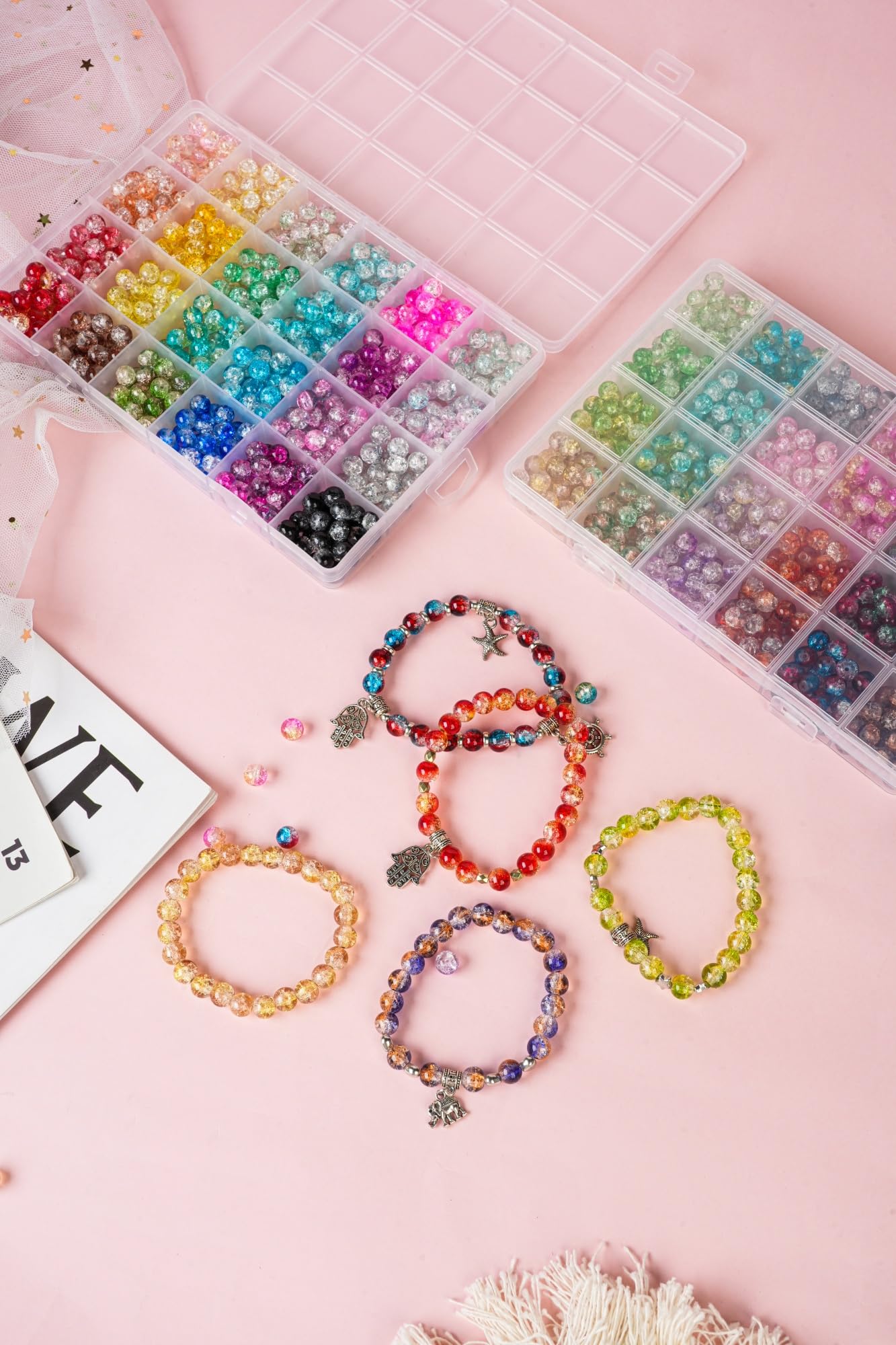 REVKI 1300PCS 8mm Mixed Crackle Glass Beads for Bracelets Making with Accessories, 48 Colors Crystal Glass Beads Jewelry Making Kit, Round Beads for DIY Bracelet Crafts