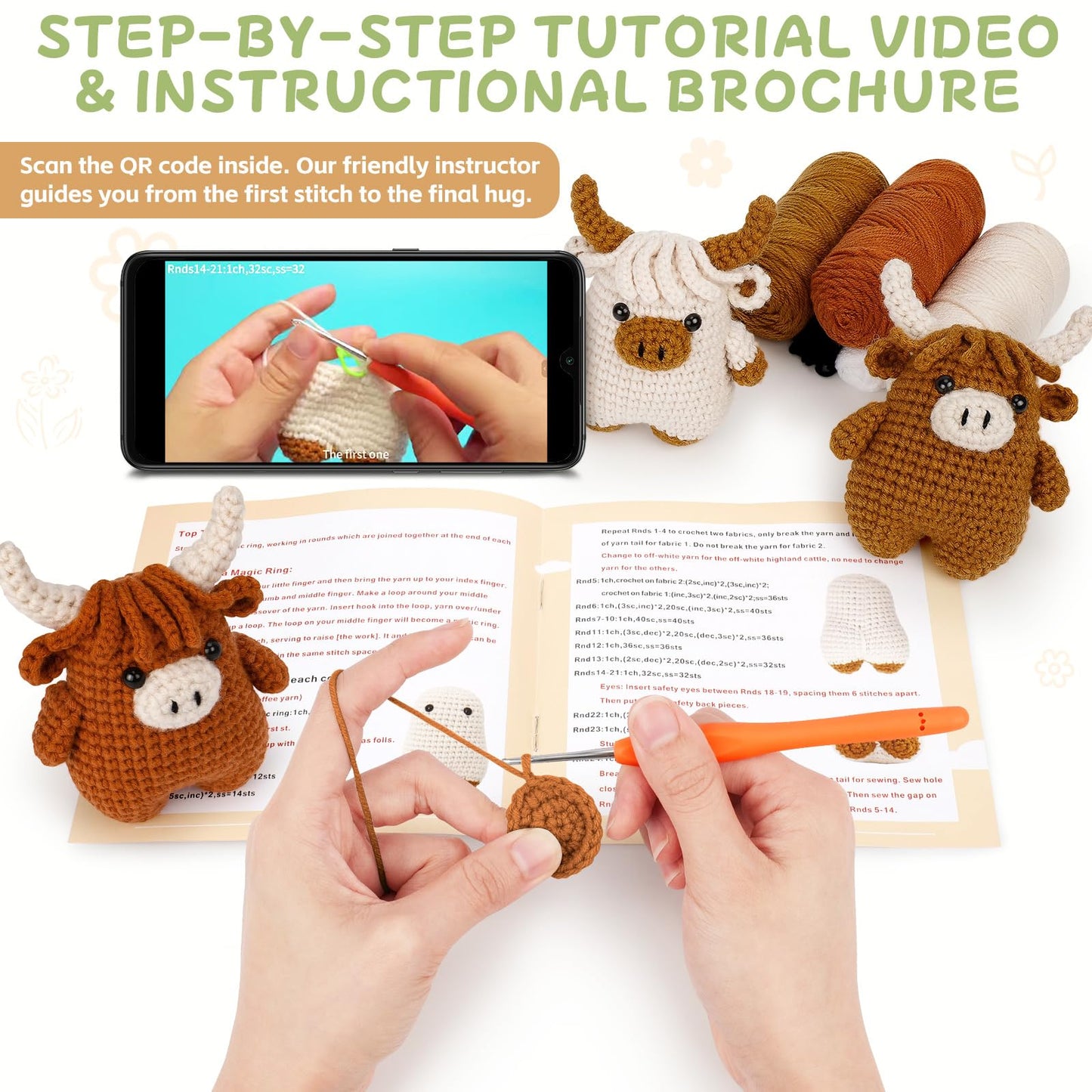 Fortuning's JDS Crochet Kit for Beginners - Crochet Highland Cow Beginner Crochet Kit for Adults, Complete Scottish Cow Crochet Animal Kits, Easy Crocheting Knitting Starter Kits Gifts
