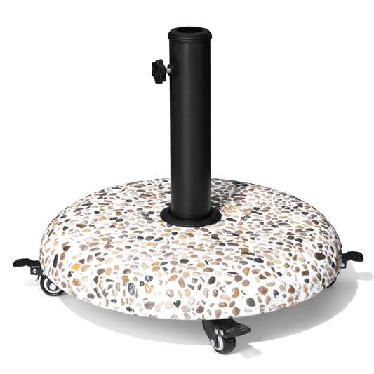 VredHom 45lbs Patio Umbrella Base with 4 Wheels, Round Cobblestone Concrete Stand, Heavy Duty Market Umbrella Stand for Outdoor