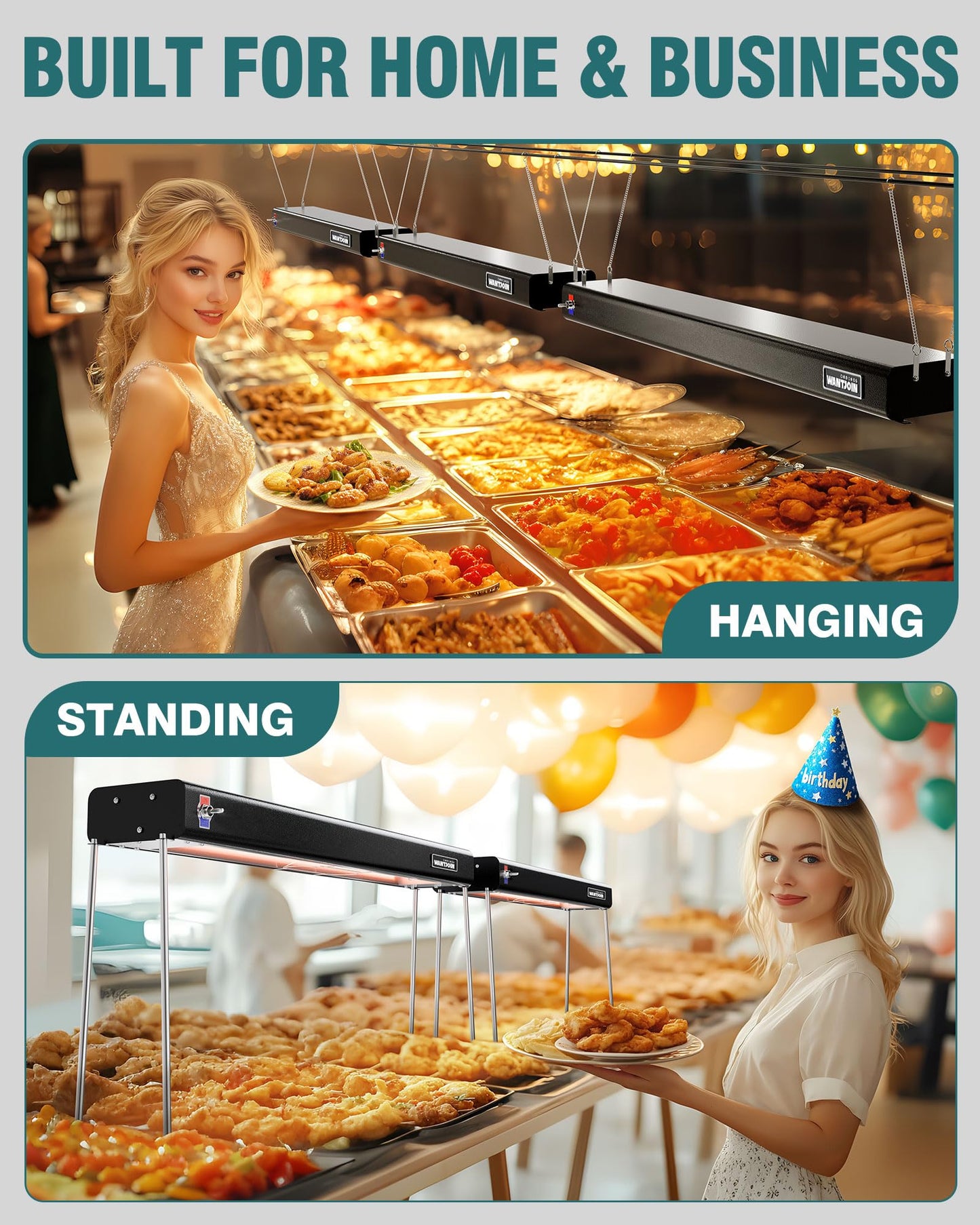 WantJoin Food Heat Lamp - 35 Inch Commercial Food Warmer Lamp Strip, 750W 86-176°F/30-80°C Electric Aluminum Hanging & Freestanding Dual-Use Heat Lamps for Kitchen Catering Restaurant Buffet, Black