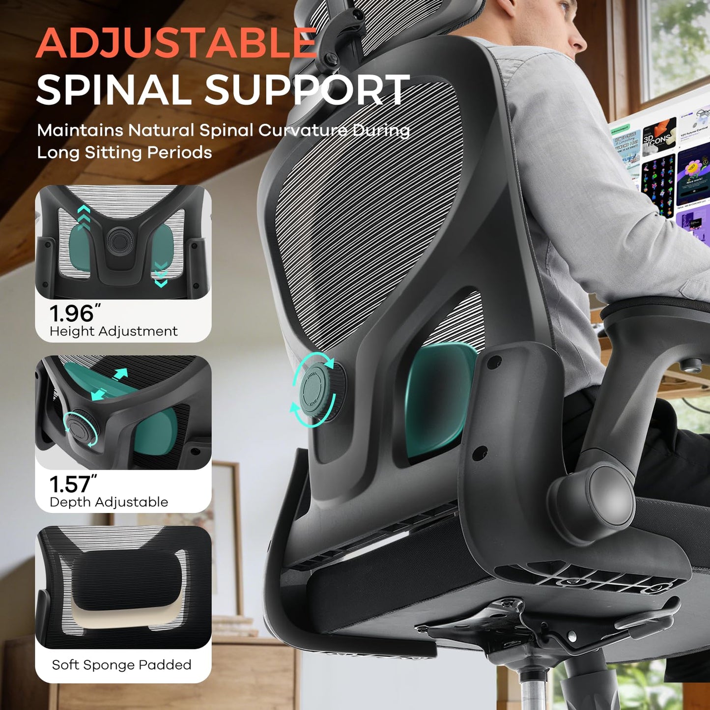 Morkprism Office Chair,Ergonomic Office Desk Chair with 2D Adjustable Lumbar Support,3D Headrest,2D Arms,330LBS High Back Mesh Computer Home Office Chairs Rolling Tilting Swivel Executive Chairs Black