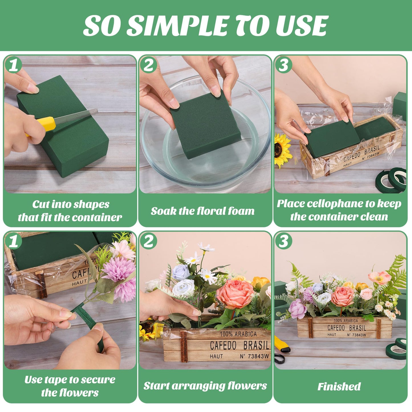 Aneco 8 Pieces Floral Foam Blocks Set Square Green Floral Foam with Floral Tape & Clear Cellophane Wrap for Fresh Artificial Flower DIY Arrangements Home Wedding Decor, 5.5 x 3.1 x 1.8 Inch