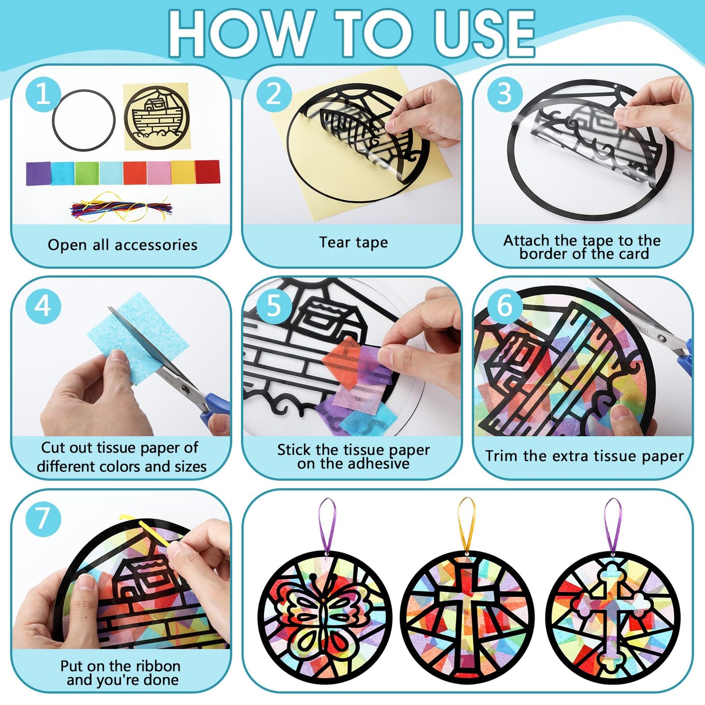 Eersida 32 Pcs Christian Suncatcher Craft Kit,Religious Stained Glass Tissue Paper VBS Sunday School Bible Crafts Bible Story Christian Window Decor for Classroom Church Group School Faith Decor