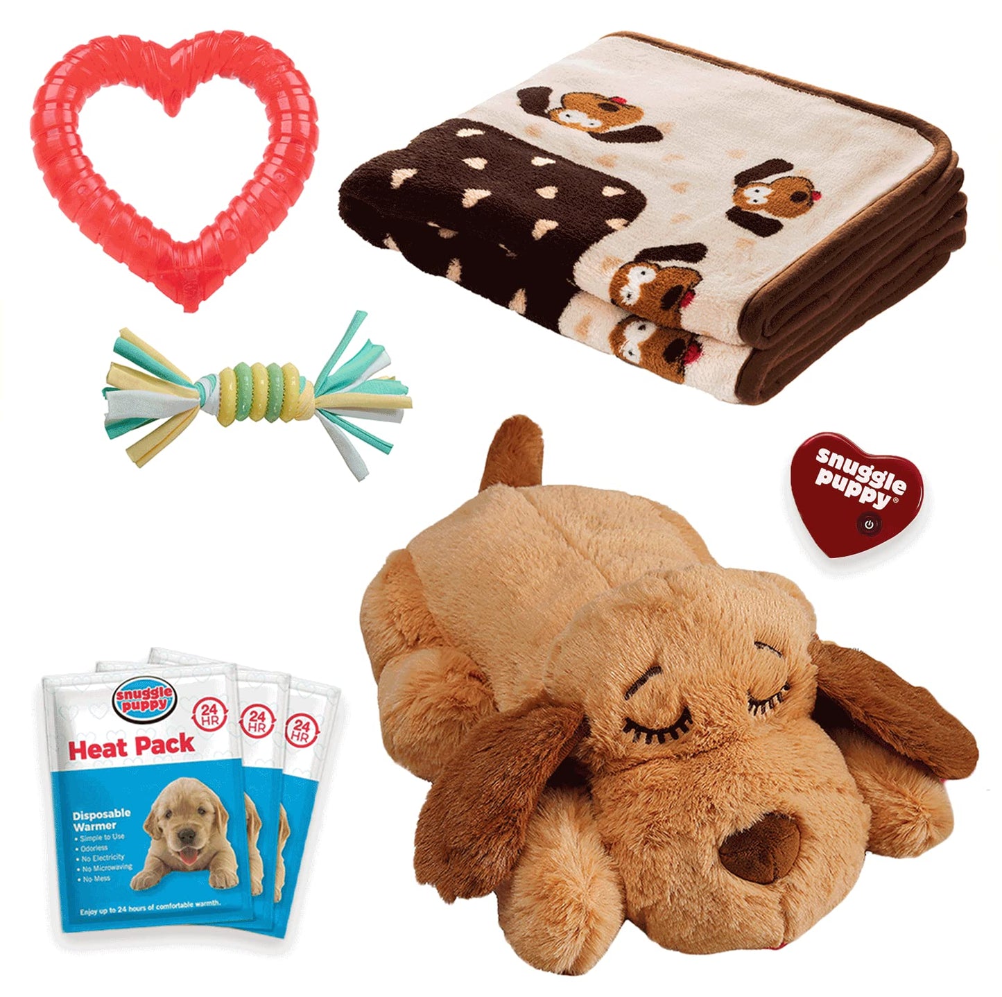 SmartPetLove Original Snuggle Puppy Essentials Starter Kit - Heartbeat Puppy for Dogs - Calming Aid with 3 Heat Packs, Puppy Teething Toy, Dog Chew Toy and Dog Blanket