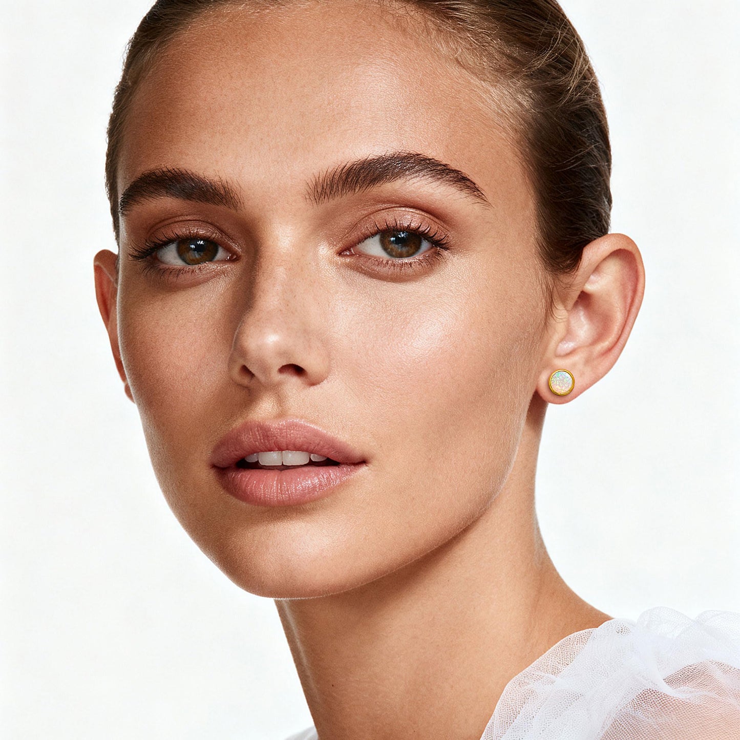 JiayangJY Silver White Fire Opal Stud Earrings for Women 18K Yellow Gold Plated Sterling Silver Round Shape 8mm Opal Earrings with Push Back