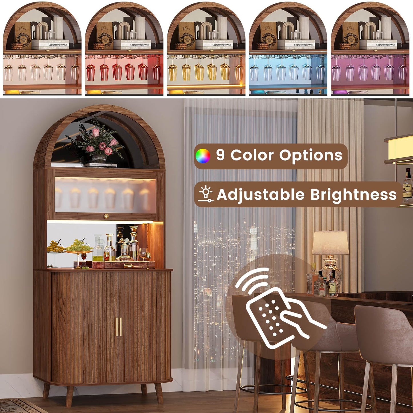 LVB 73" Tall Arched Bar Cabinet with Fridge Space, Mid-Century Fluted Coffee Bar Cabinet with Storage, Home Bar with LED Light, Wine Liquor Cabinet with Mirrored for Kitchen Dining Living Room, Walnut
