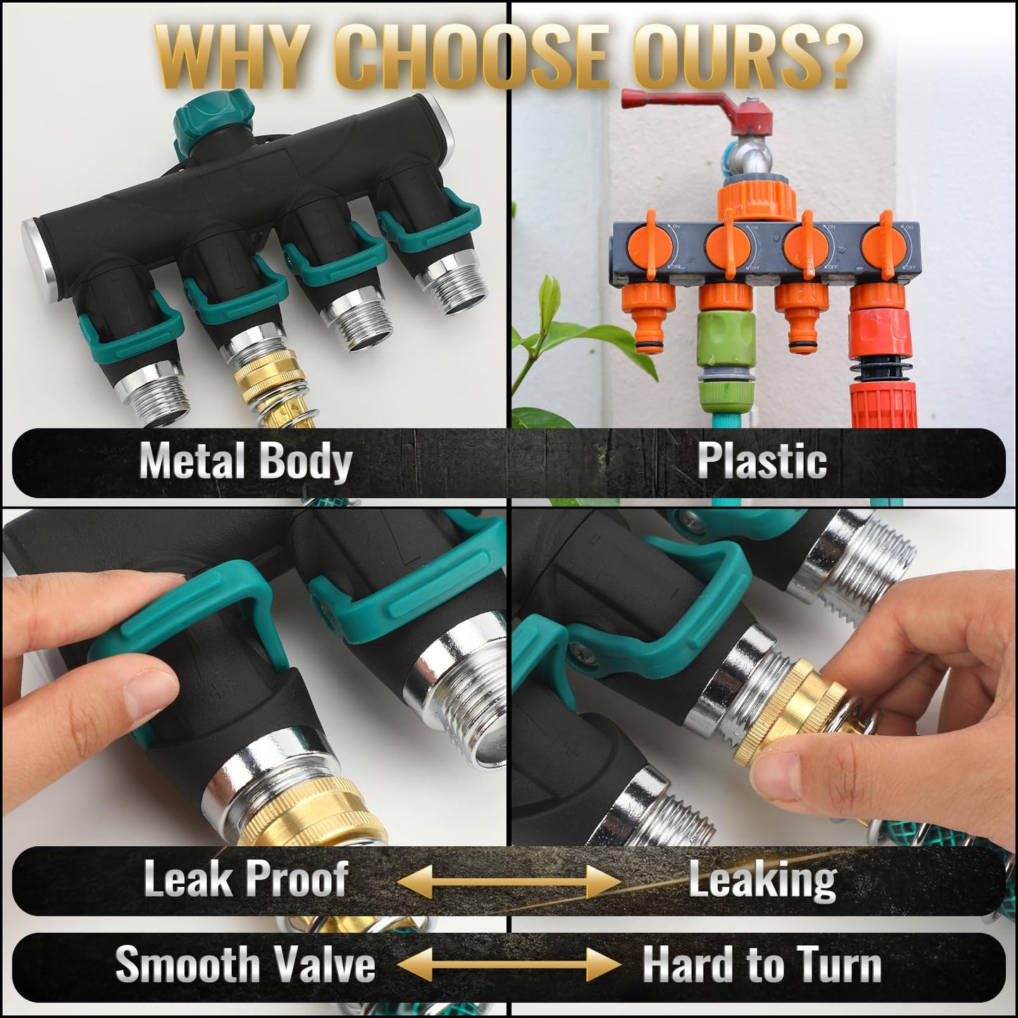 Chunful 4 Way Garden Hose Splitter Metal Water Hose Splitter Connector 3/4" Us Standard, Heavy Duty Zinc Alloy Hoses Manifold, Easy Grip & Easy to Open, 4 High-volume Valves for Irrigation Lawn Garden