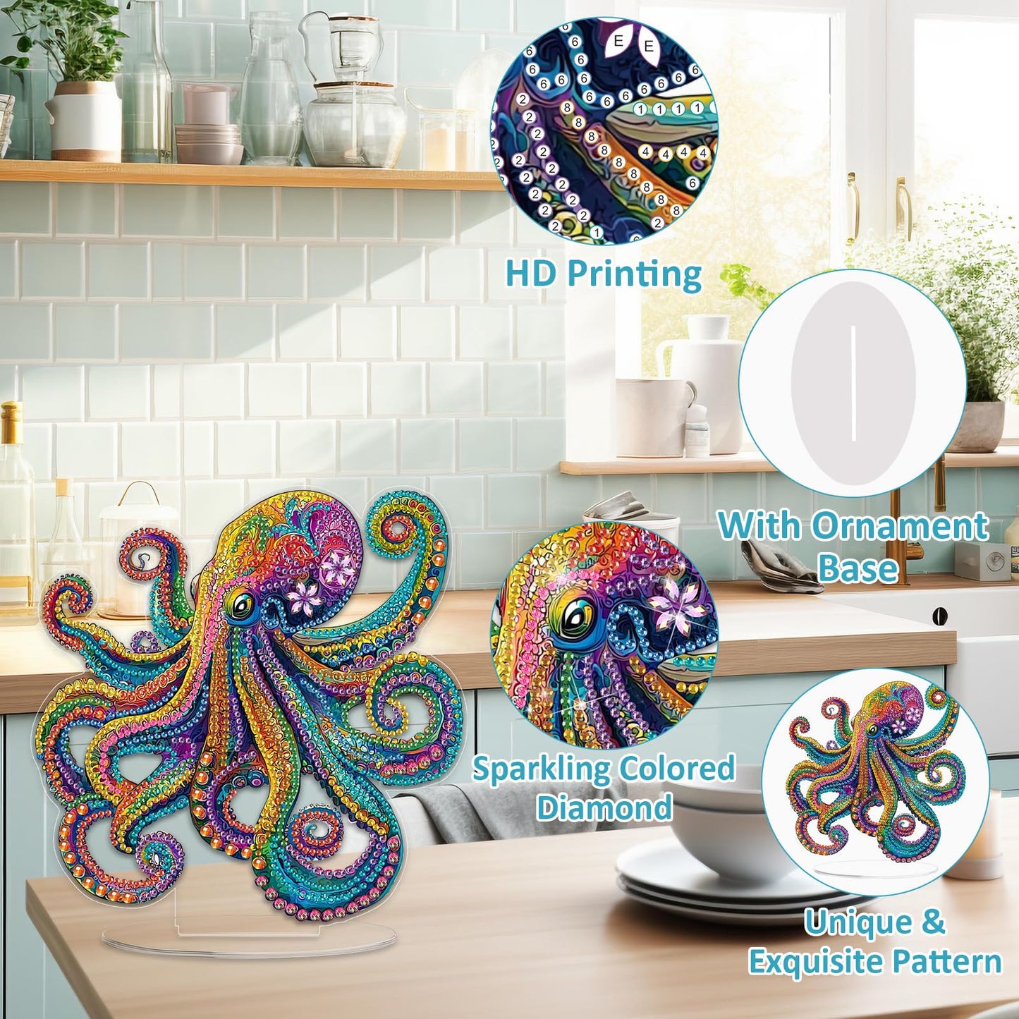 SENQAO Octopus Diamond Art Desktop Ornaments Kits for Adults Beginners, 5D Special Shape Diamond Art Painting Animals Tabletop Ornaments, Crystal Gem Art Painting for Home Table Decor Crafts Gift