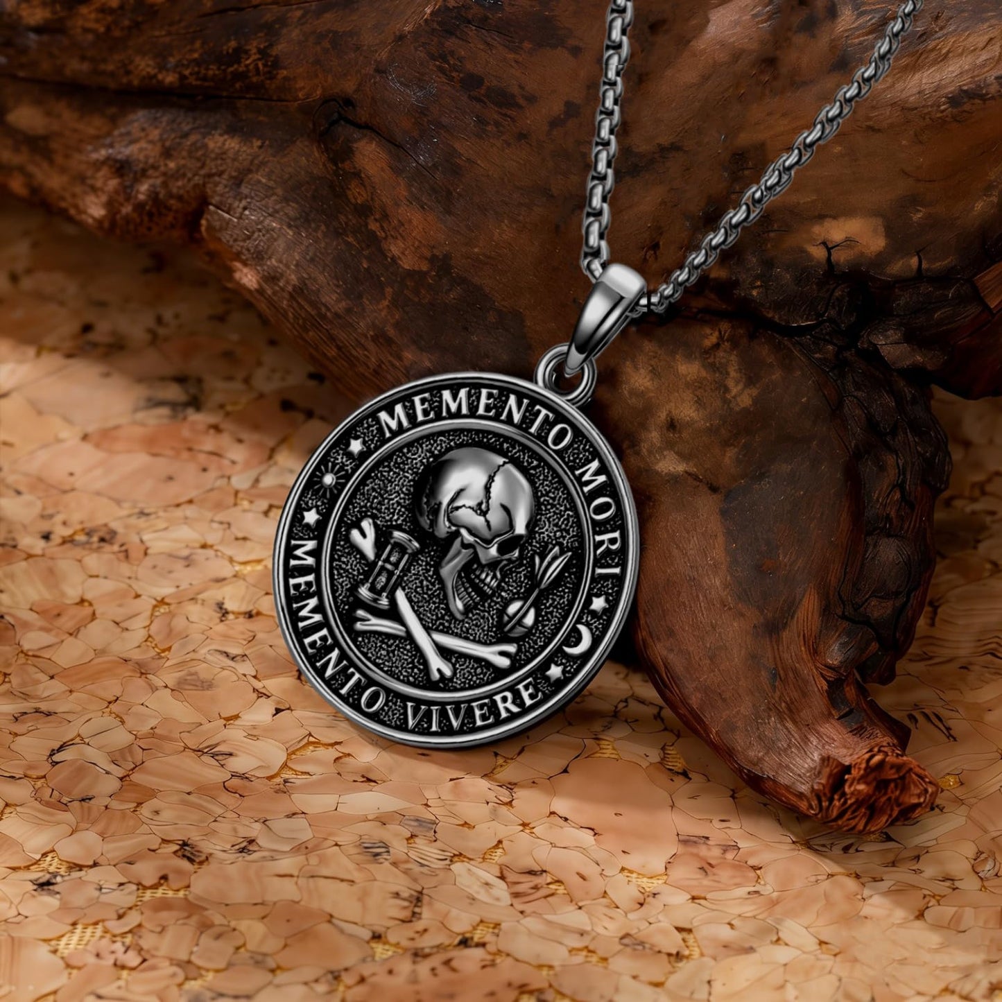 POIUY Memento Mori Necklace for Men Gothic Black Skull Pendant Stoicism Mori Jewelry Tree of Life Amulet Protection Gifts for Men Women 22+2 Inch Chain