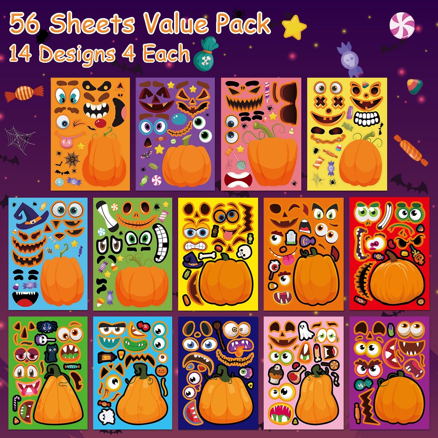 56 Sheets Halloween Pumpkin Make a Face Stickers for Kids - 14 Different Pumpkin Designs - Fun Halloween Party Favors Crafts Games & Activities Supplies