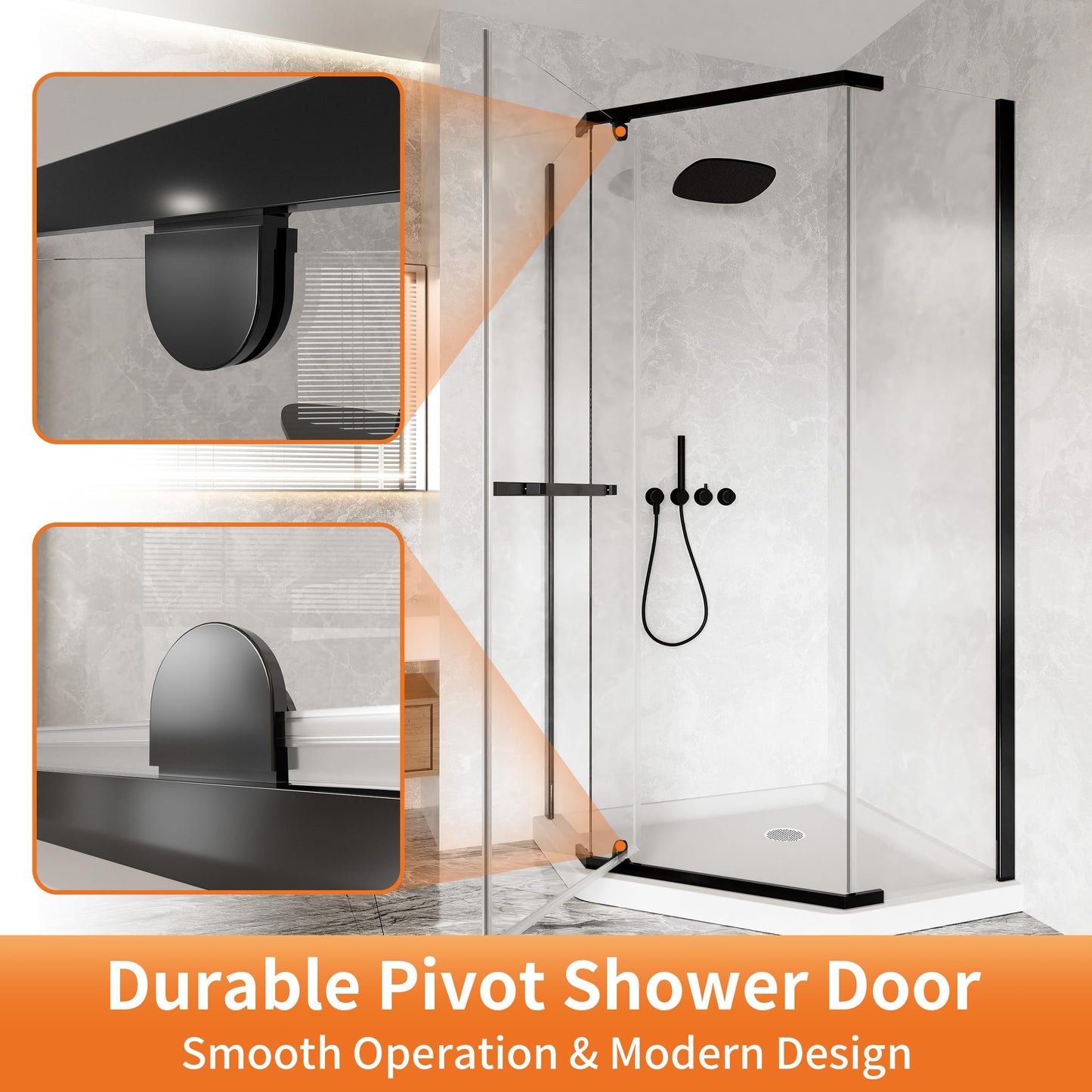 CKB Pivot Shower Door, 36" D x 36" D x 76" H, 1/4" ANSI Tempered Glass with Easy-Clean, Reversible Left or Right Corner Shower Glass Door. with Stainless Steel Towel Bar. Matte Black