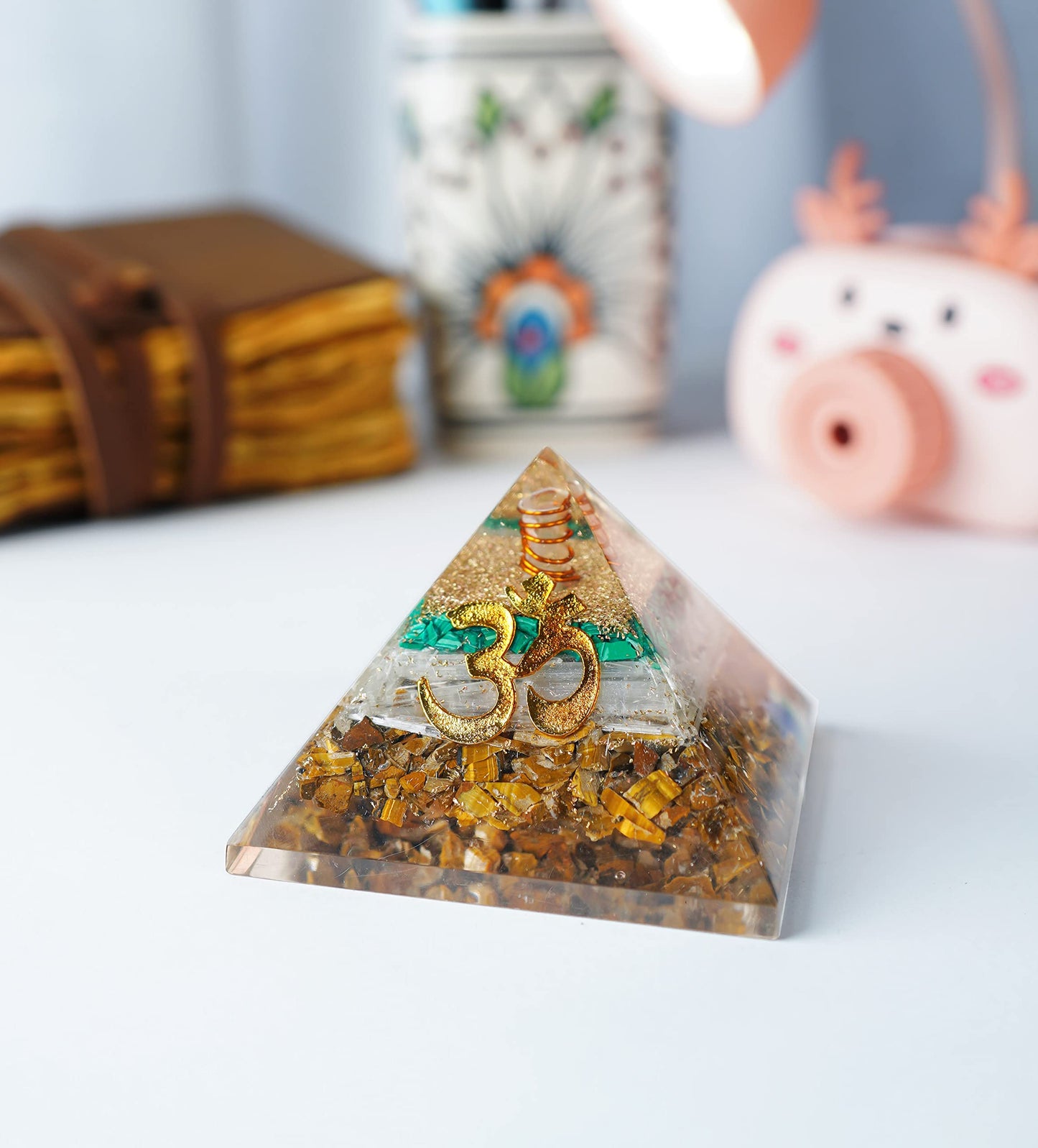 55mm orgone pyramid Tiger Eye, Selenite & Green Malachite protection crystals reiki healing stones, organite pyramid for good luck gift for women men gemstone crystal chakra charm orgonite collection