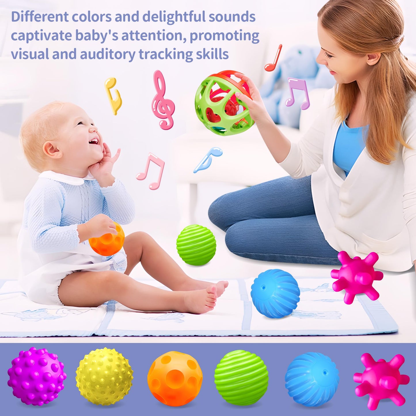 ROHSCE Textured Sensory Balls & Baby Rattle + Montessori Busy Board with Lights & Music, Hand Catching, Montessori Toys, Fine Motor, Travel Toy for Airplane/Car, Gifts for Babies 3–6M & Toddlers 1–3