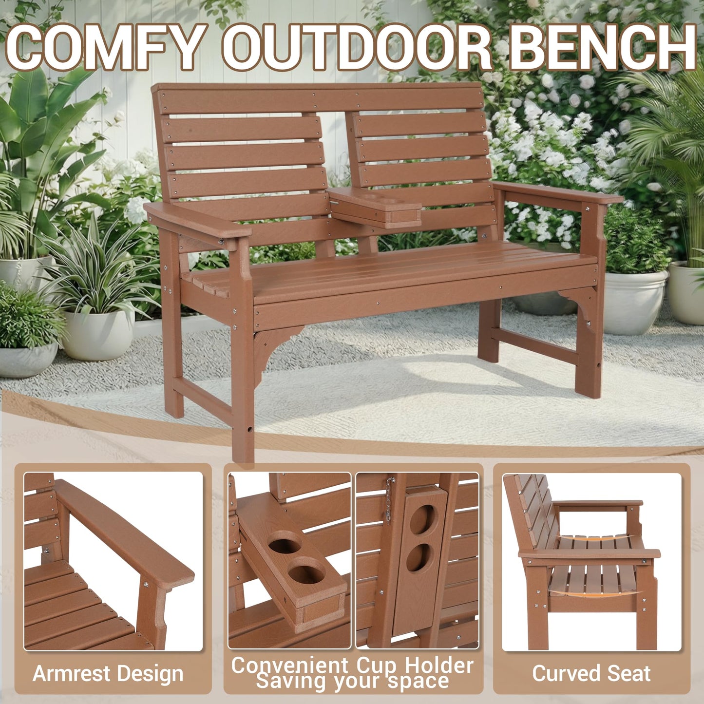 WENTUM Outdoor Bench with Cup Holders, HDPE 2-Person Weatherproof Patio Benches, Fade/Rot Resistance, Garden Bench for Front Porch Backyard Park, Brown