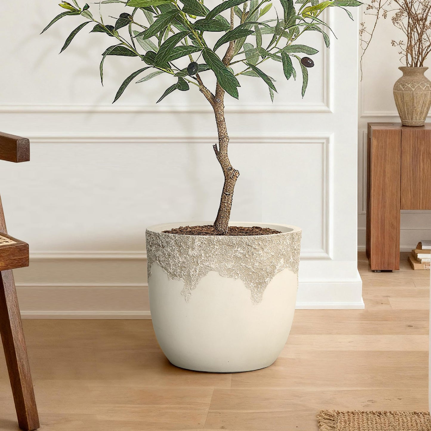 LuxenHome 15.5" Dia Beige Large Round Planter, Outdoor Indoor Decorative Plant Pot with Drainage Hole and Rubber Plug, Antique Travertine Style Off-White Flower Pot for Home Patio Garden