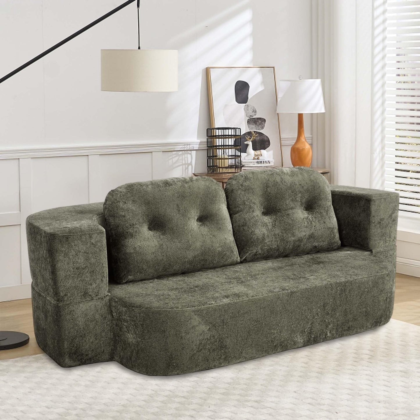 KIVENJAJA 78.7" Boneless Loveseat, Convertible Folding Sofa Bed Full Size with Pillows, Comfy Cloud Fold Out Couch, Foldable Sleeper Sofa Bed for Living Room, Small Spaces, Office, Apartment, Green