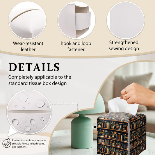Vintage Bookshelf Design Tissue Box Cover, Floral Bookshelf Facial Paper Box Holder-Waterproof Leather, Home Decor for Tabletop Living Room Bedroom Bathroom Office, Gift Idea for Women & Friend-A17