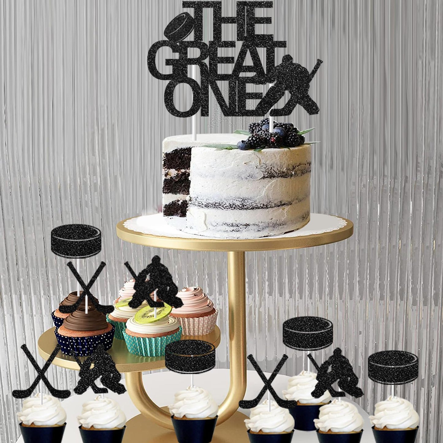 Hockey 1st Birthday Decorations Boys - 1st Birthday Baby Photo Banner for Newborn to 12 Months, The Great One Banner Cake Topper with Cupcake Toppers, Ice Hockey Theme Gameday Sport Party Supplies