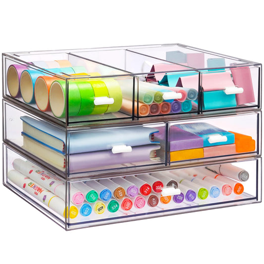 3 Tier Stackable Desk Organizer with 6 Drawers, YOCOMEY Plastic Desktop Storage Box Drawers, Detachable Makeup Storage Office Stationery Supplies Organizer for Office School (All Clear)