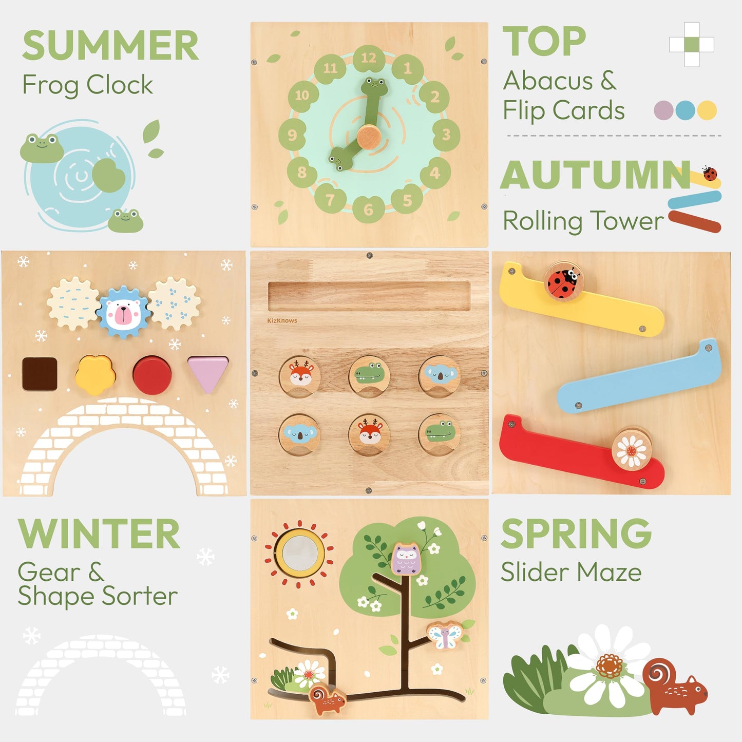 KizKnows Wooden Activity Cube 9-in-1 Montessori Busy Board Toy | Educational Sorting Play Center for 1+ Year Old Toddlers | First Birthday for Boys Girls