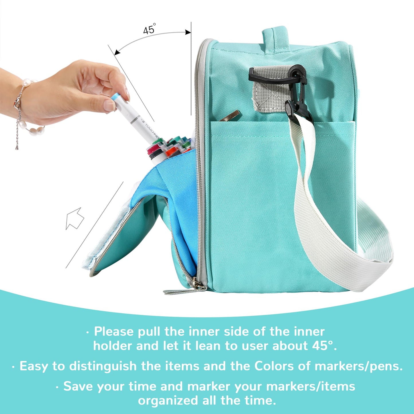 Togood Marker Organizer Bag - Large Storage Crossbody Tote for Marker Pens 130PCS+, Portable Art Supplies Case for Pens, Pencils, Books. Light Green