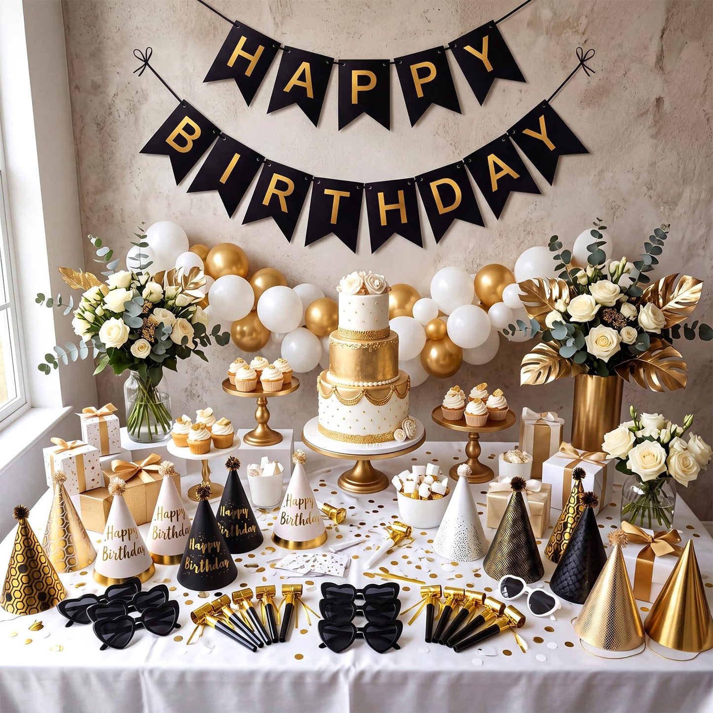 Patelai 25 Pcs Black and Gold Birthday Party Set: 1 black and gold Banner, 3 Glasses, 10 Whistles, 11 Cone Hats for Birthday Party Decoration