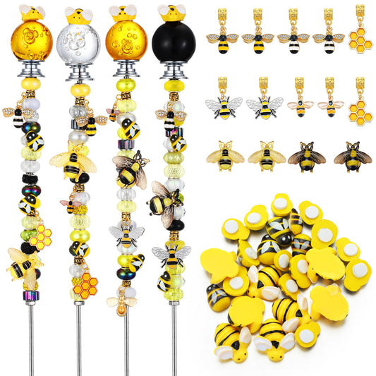 Lineshading 118 Pcs Bee Garden Stakes Wand DIY Beaded Stakes Garden Decor Includes 4 Crystal Stopper Top 10 Bee Pendant 68 Large Hole Beads 4 Threaded Rods 4 Pcs Nuts, for Craft Supply