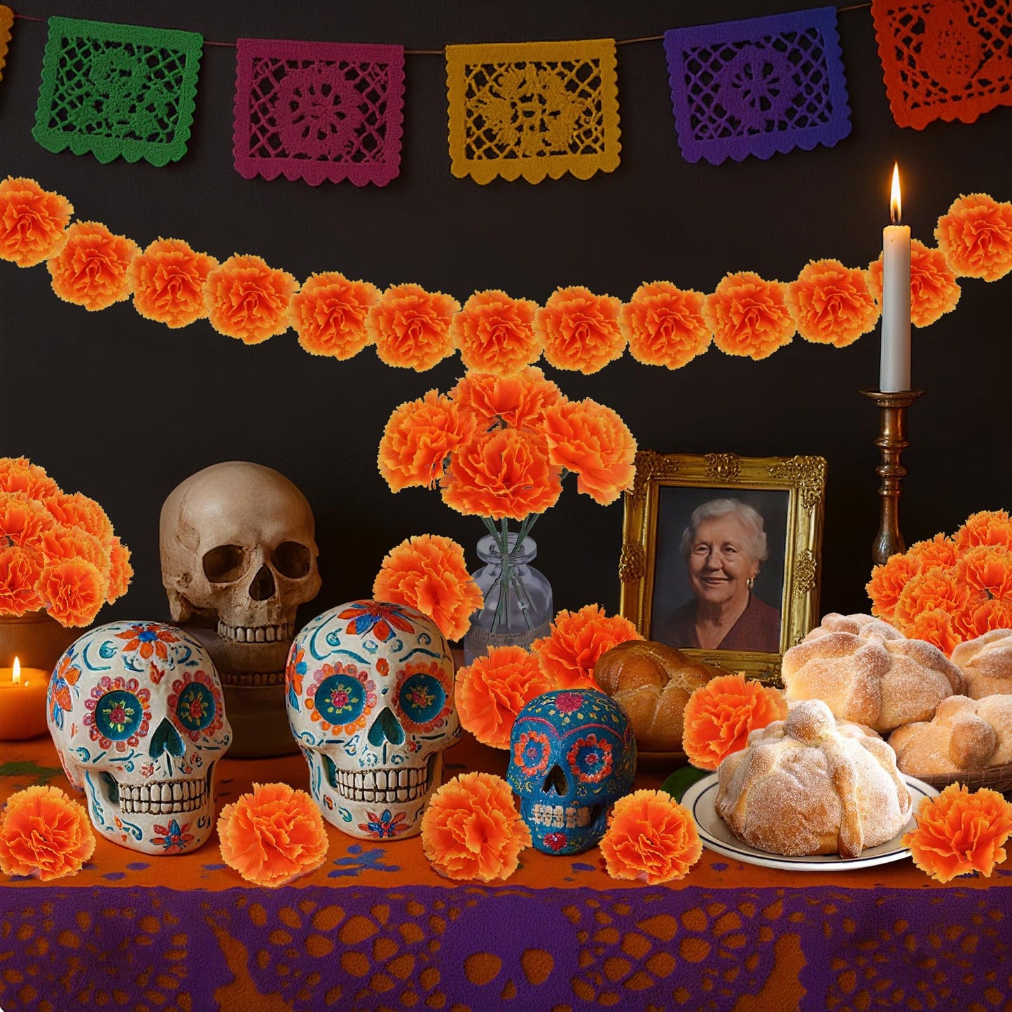 100PCS Marigold Flower Heads with Stems – Artificial Cempasuchil Flowers for Día de Los Muertos Altar, Day of The Dead Decorations, Halloween, Mexican Party, DIY Garland & Wreath Décor（Orange）