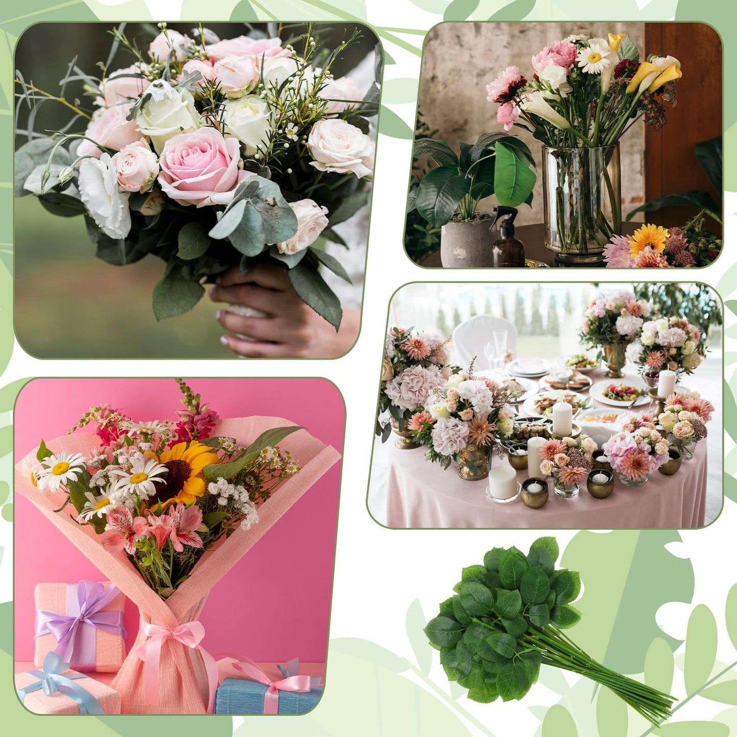 Bruislard 60Pcs Floral Wire Stem with Leaves and 60PCS Artificial Flower Calyxes Set, Floral Rose Arrangement Supplies for Wedding Party, DIY Craft